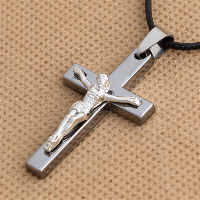 Christiantitanium Staal Kruisbeeld Jesus Stuk Cross Hanger Ketting Zwart Lederen Ketting Ketting Vrouwen Mannen Sieraden Accessoires