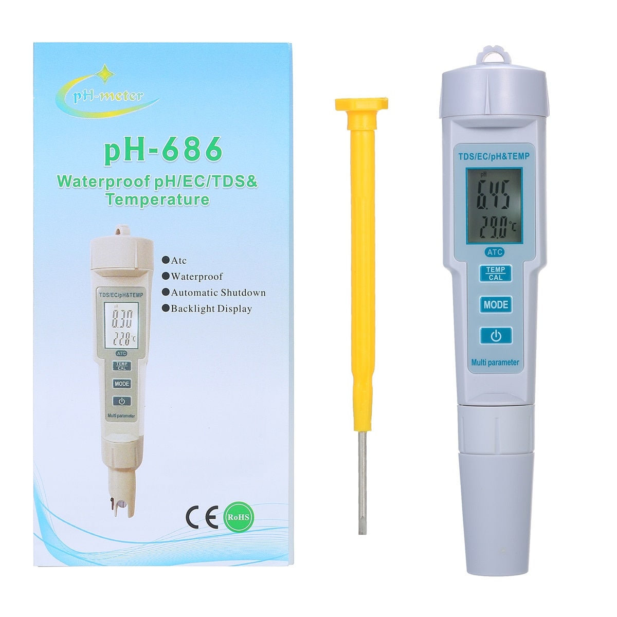 4 in 1 Water Tester pH/EC/Temperature Meter IP55 Waterproof Automatic Shutdown Backlight Display Tester White PH-686