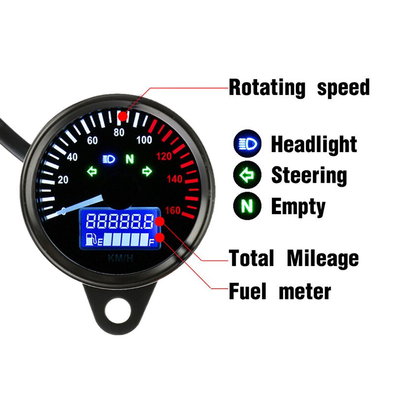12V Universal Digital Motorcycle Speedometer Odometer Tachometer 160KM Tachometer Odometer Gauge with LED Indicator Light