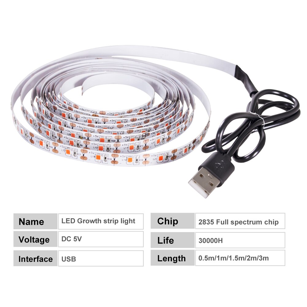 Dc5v usb fullspektre fytolamper lampe ledet phyto teip belysning fleksibel vokse lys stripe vanntett plante pære hydroponic lampe