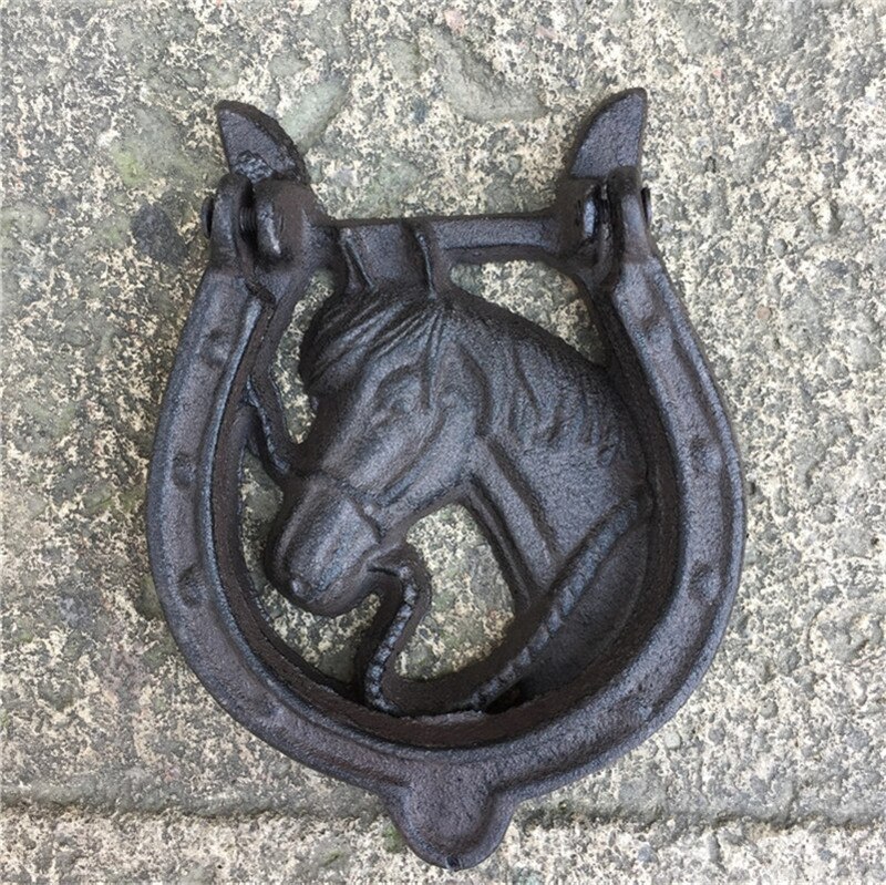 Puerta de Hierro Fundido aldaba cabeza de caballo con manija Western Cowboy herradura puerta pestillo Metal puerta de casa decoración Vintage artesanía