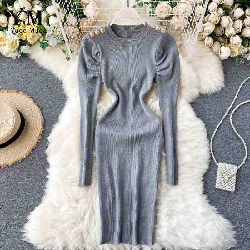 Yuoomuoo Herfst Winter Vrouwen Gebreide Jurk Europa Knoppen Lange Puff Mouwen Elegante Jurk Dames Bodycon Jurk: Grijs