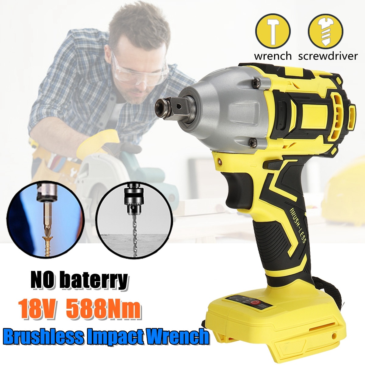 18V 588Nm Electric Brushless Impact Wrench Cordless for Makita Battery Rechargeable 1/2 Socket Wrench Handheld Power Tool