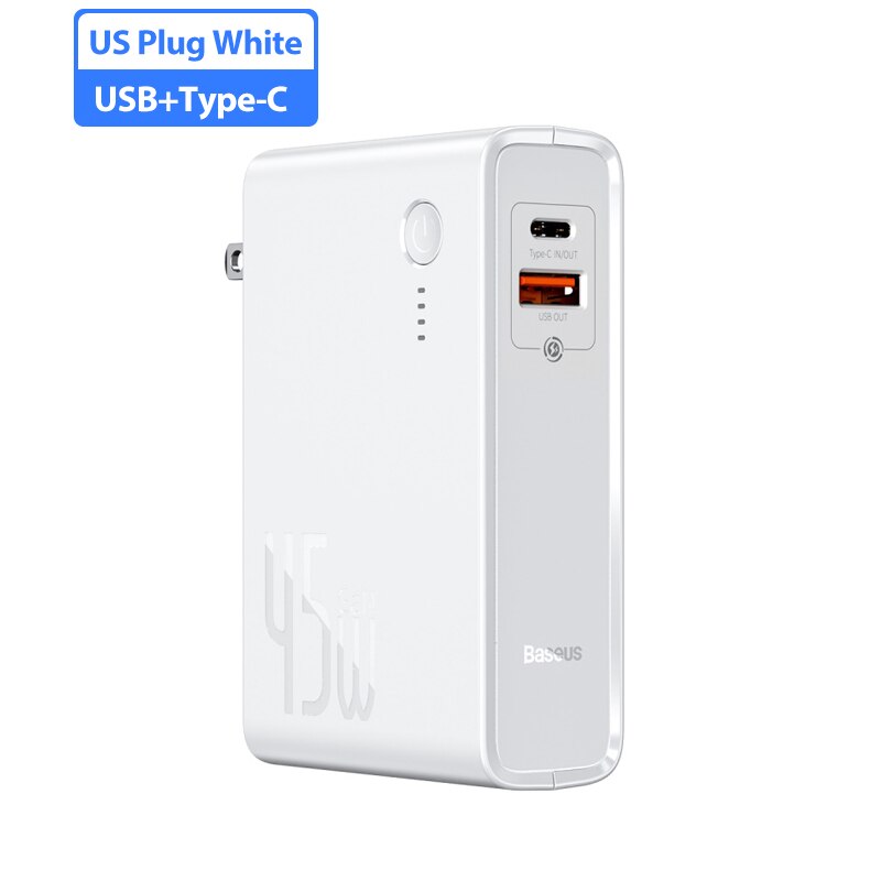 Baseus Power Bank 45W 10000Mah Gan Charger 2 In 1 Pd Qc 3.0 Afc Snel Opladen Ons Usb oplader Voor Iphone Samsung Voor Macbook Pro: 1USB 1C White