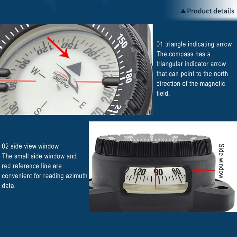 50M Waterdichte Duiken Kompas Onderwater Speleologie Camping Kompas Met Elastische Touw Scuba Horlogeband Fluorescerende Wijzerplaat Kompas Abs