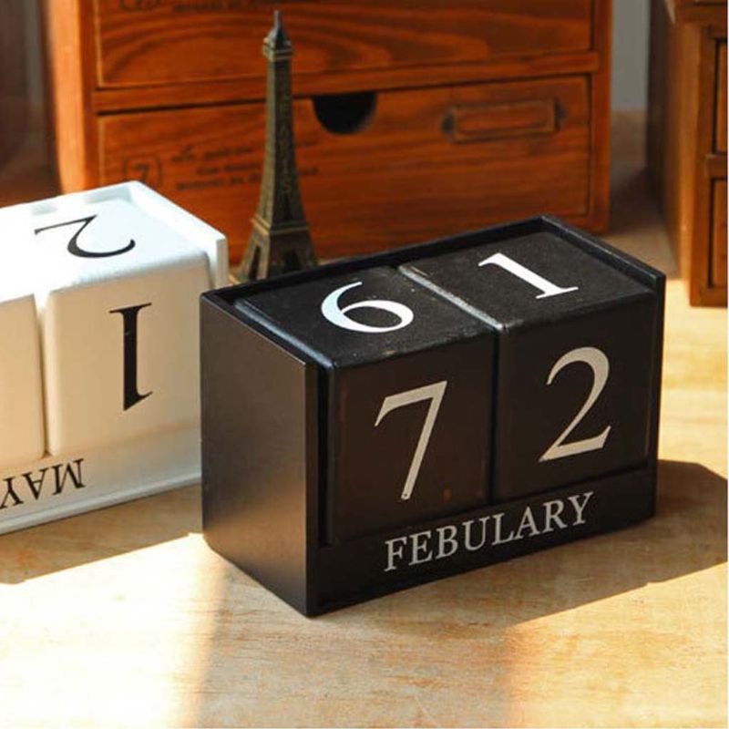 Vintage houten eeuwigdurende kalender met blokken, maand en datum, bureauaccessoires, fotografie-accessoires, decoratie voor thuiskantoor