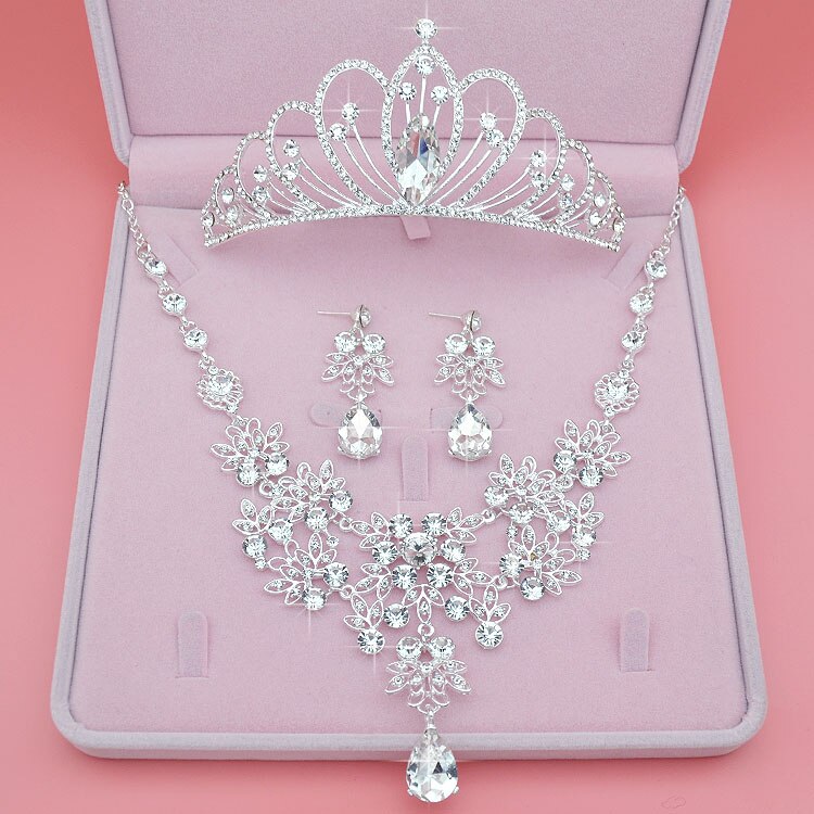 Crystal Wedding Bridal Sieraden Sets Vrouwen Tiara Kronen Bruid Earring Ketting Bruiloft Sieraden Accessoires: Style M 3Pcs Set