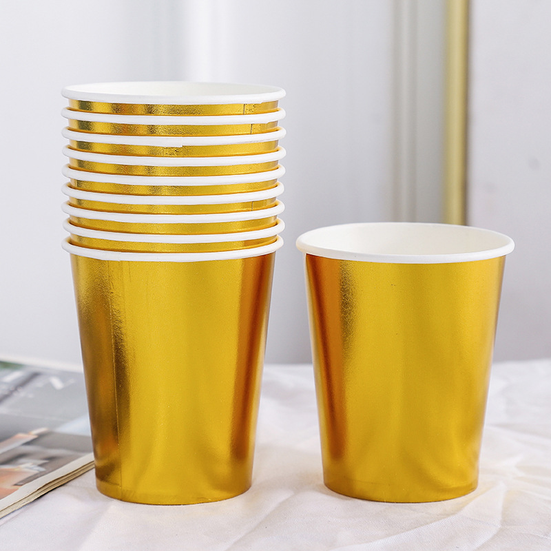 10Pcs Golden Cup Party Papier Servies Verjaardag Party Diner Plaat Stip Gestreepte Cup Voor Wedding Party Decoratie Collectie