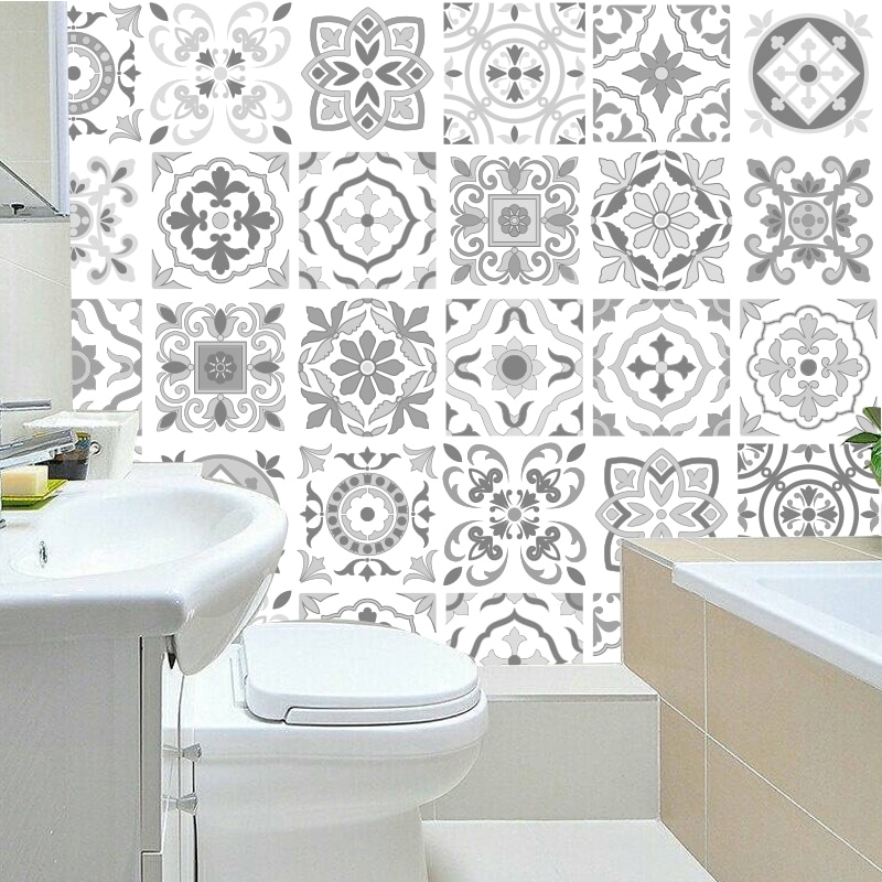 light Grey Retro Pattern Tile Stickers PVC Bathroom Kitchen Wall Sticker Home Decor TV Sofa Wall Art Mural Waterproof