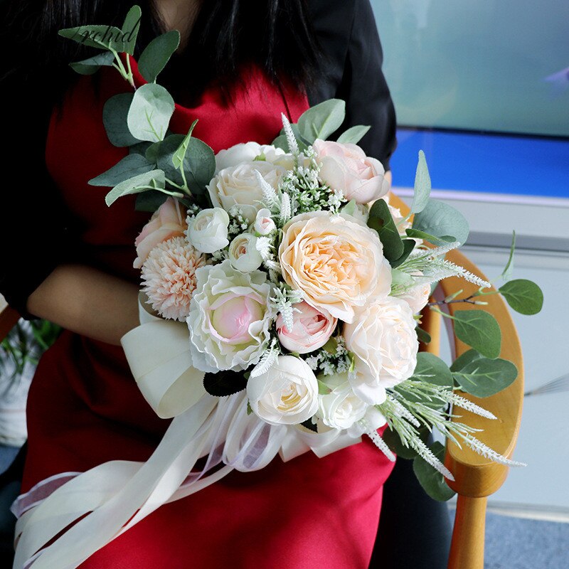 Peorchid champagne pink brudebuket silke blomster brudepige eucalyptus pæoner kunstig buket mariage dekoration