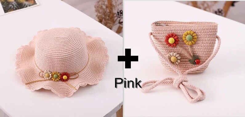 Chapeau et sacs en paille à fleurs pour enfants, ensemble deux pièces décontracté pour filles, sac à bandoulière + chapeau de soleil pour bébé, plage, panama, gorros: 004