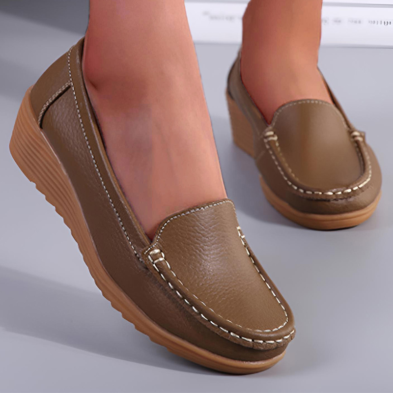Zapatos de cuero para mujer, mocasines blancos y negros con tacones, mocasines informales para mujer, zapatos planos sin cordones, calzado de verano: Caqui / 35