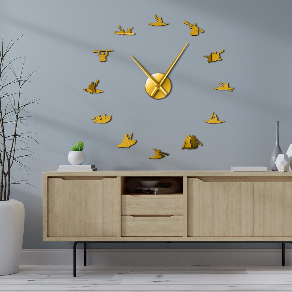 Canoa Rafting deportes acuáticos kayak DIY Reloj de pared grande con efecto espejo Kayakers gigante sin marco reloj de agujas grandes