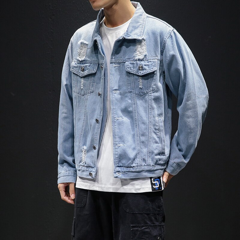 Men Light Blue Denim Jackets Holes Jean Jackets Streetwear Casual Denim Coats Men Cotton Outwear Slim Denim Jackets Size 5XL