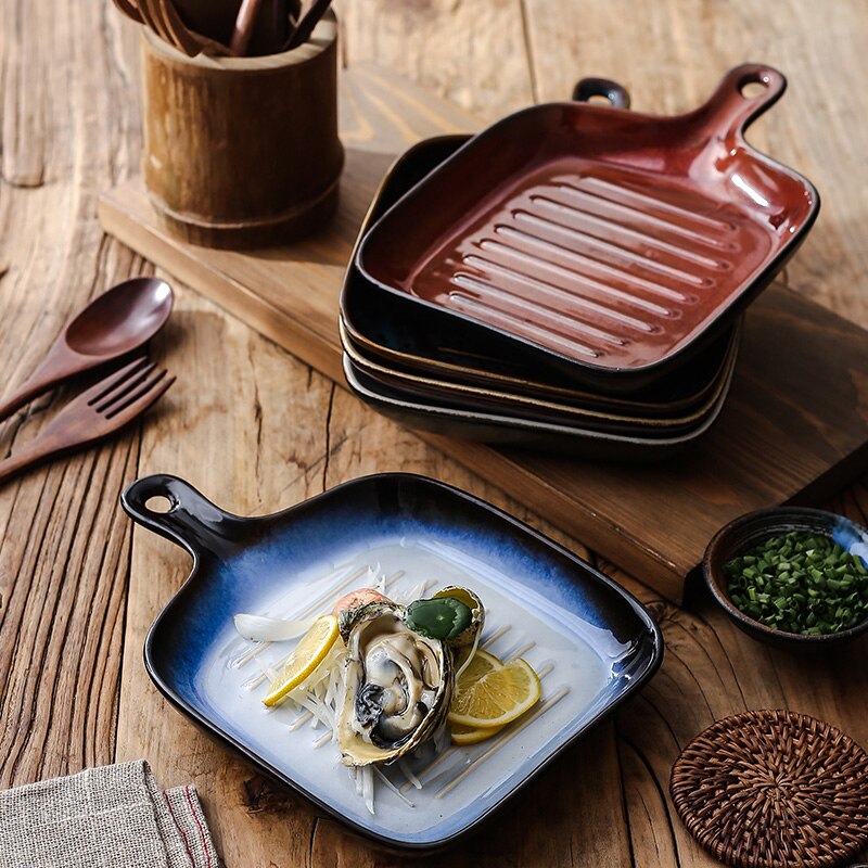 FANCITY Home baking trays, ceramic handle plates, oven baking, rice plates, dish plates