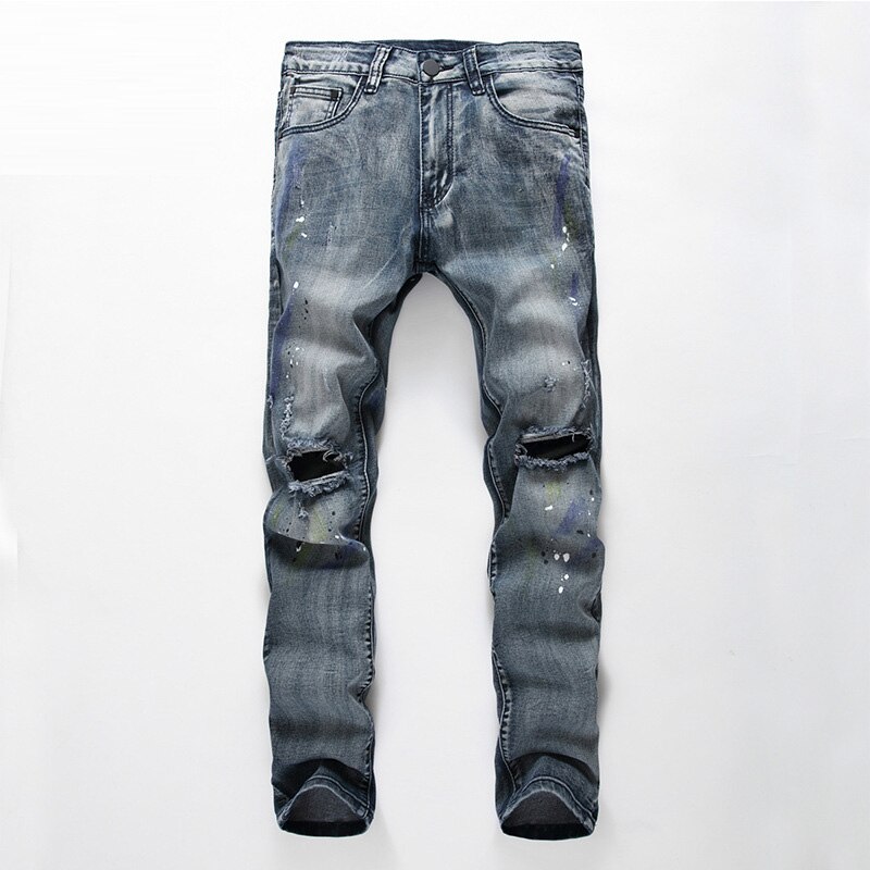 L mænd biker jeans nødlidende slanke denimbukser plisserede motorcykel joggers herre cargo jeanbukser: 30