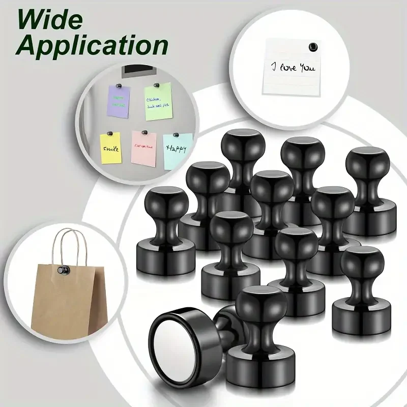 Black Neodymium Magnetic Push Pins - Strong Refrigerator & Whiteboard Magnets for Office, Kitchen & Map Use