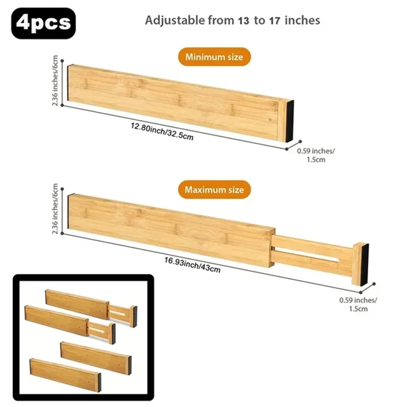4 stuks bamboe keukenladeverdelers, verstelbare lade-organizers, veerbelast, werkt in keuken, dressoir, badkamer, slaapkamer, lade: Beige