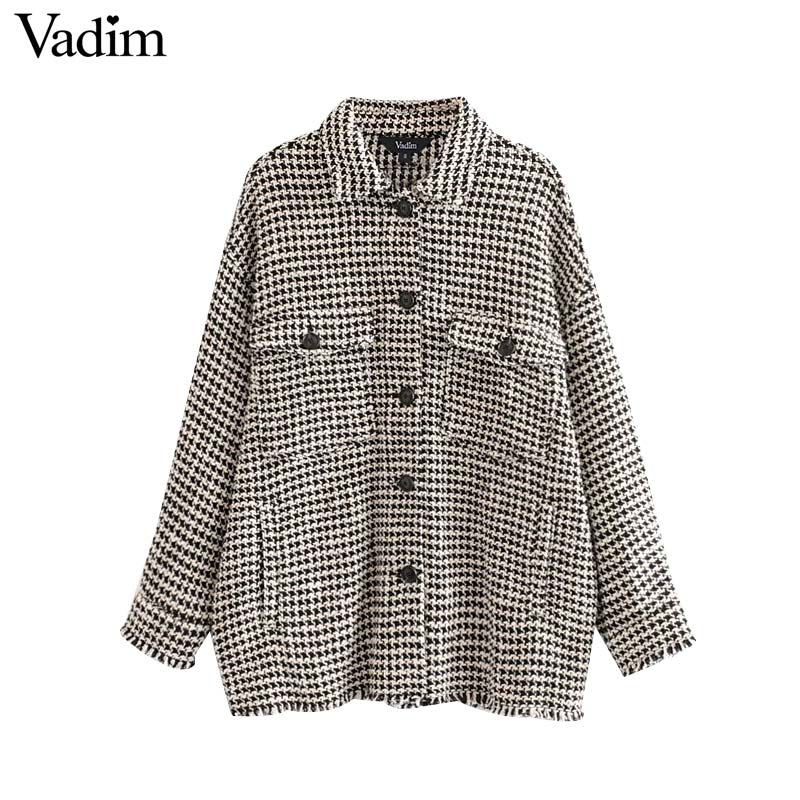 Vadim women plaid oversized tweed jacket tassels pockets loose style long sleeve coats female outwear warm causal tops CA607
