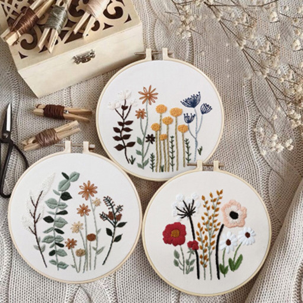 Diy Stamped Embroidery Starter Kit With Flowers Plants Pattern Cloth Color Threads Tools Embroidery Hoop Home Decoration #T2P