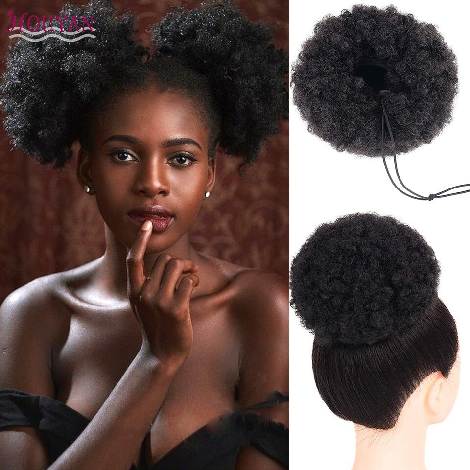 HOUYAN Short Kinky Curly Drawstring Bun Afro Black Red African American Bun Hair 1pc Synthetic Fluffy Curly Hair
