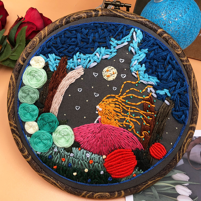 Kit de bordado de luciérnaga nocturna y estrellas, costura artesanal, piscina de loto, punto de cruz para principiantes, Artcraft (con ARO): A