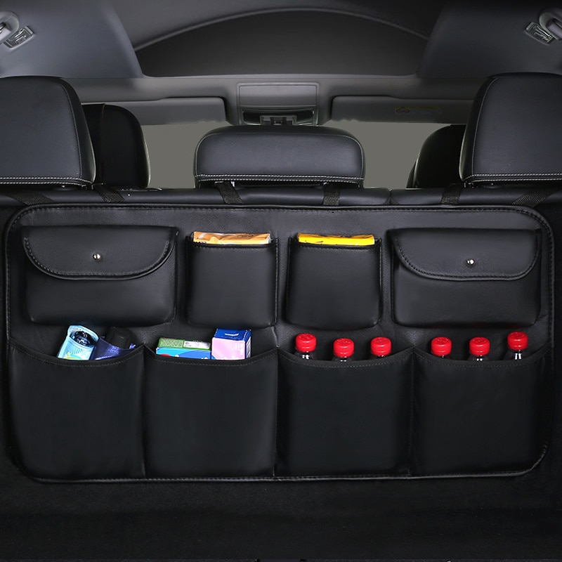 Newest PU Leather Car Rear Seat Back Storage Bag Multi-use Car Trunk Organizer Auto Stowing Tidying Auto Interior Accessories: black  leather