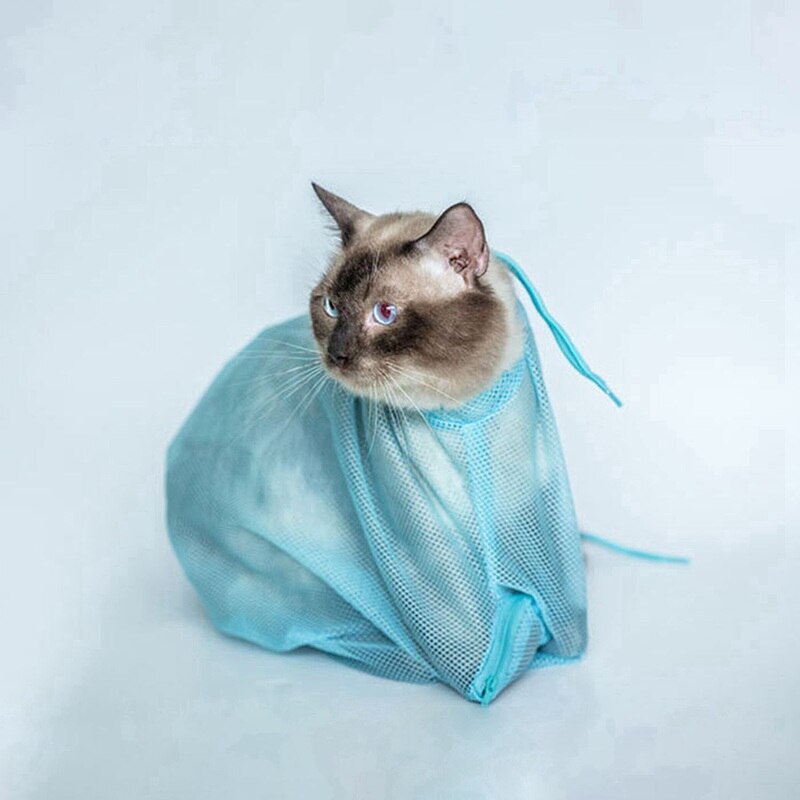 Mesh Pet Cat Grooming Restraint Bag For Bath Washing Nails Cutting Cleaning Bags Blue