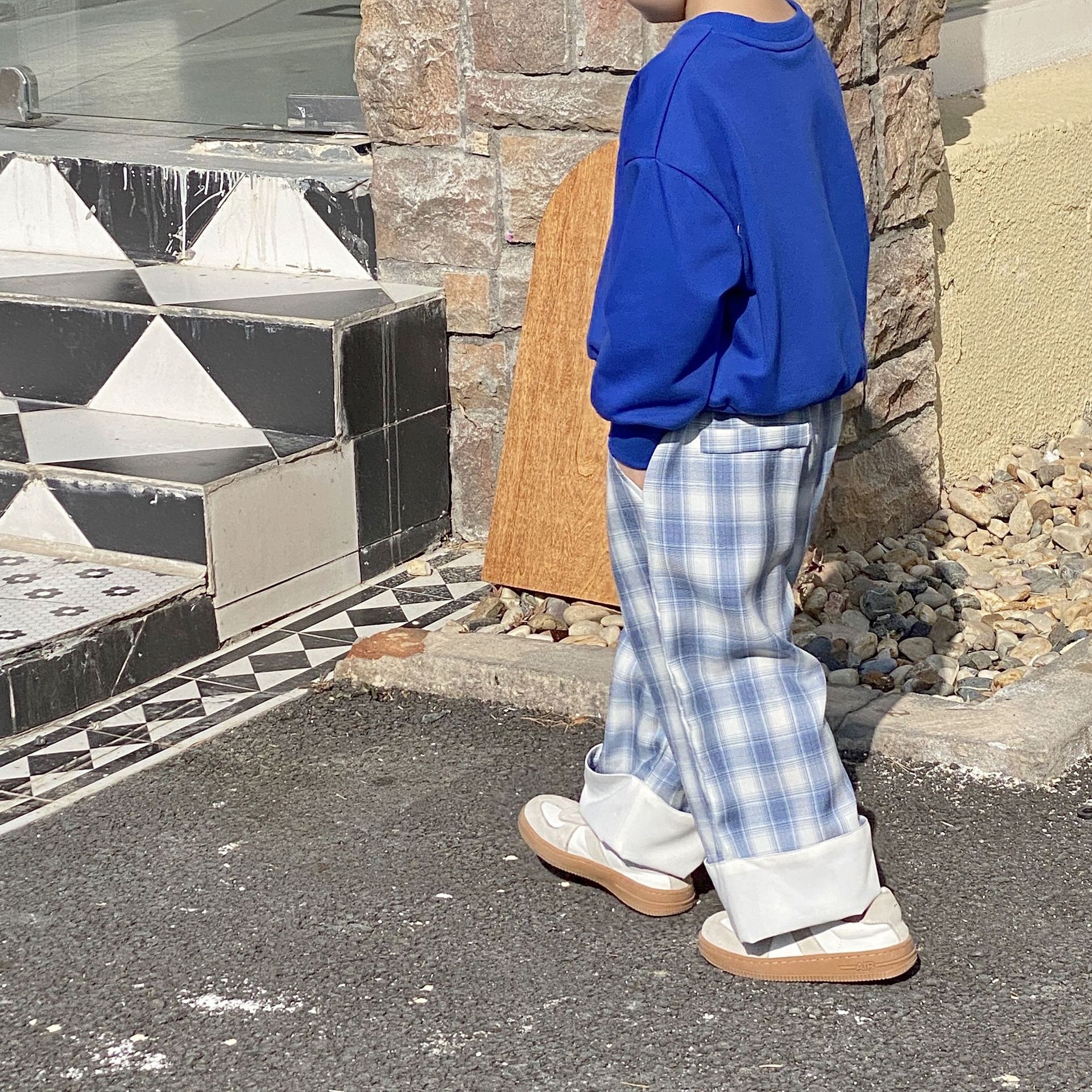 Pantaloni da ragazzo a gamba larga scozzesi a molla pantaloni in cotone patchwork allentati pantaloni a 3 colori