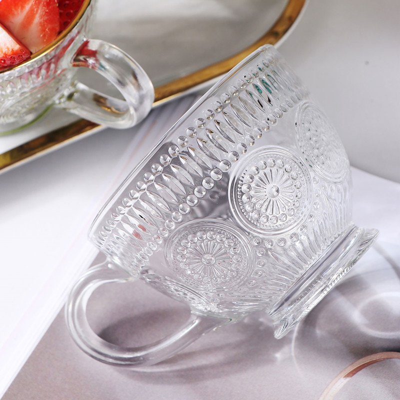 Embossed Sunflower Glass Cup Transparent Milk Breakfast Drinkware Water Cup with Handle Large-Capacity Oatmeal Mug