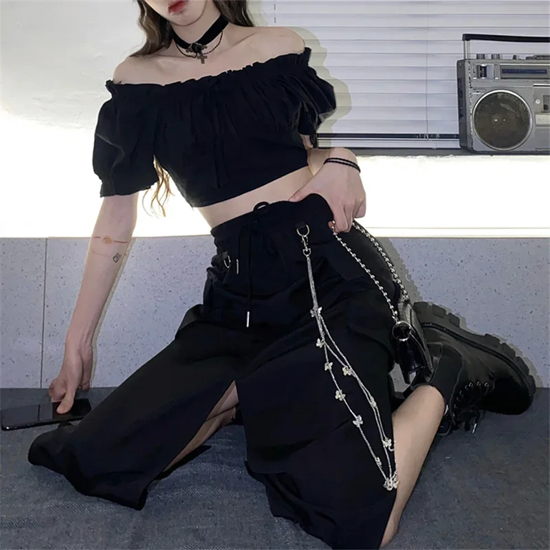 Falda larga de estilo coreano para mujer, falda larga negra con abertura lateral de cadena, ropa de calle de Hip hop, talla grande, primavera y otoño,