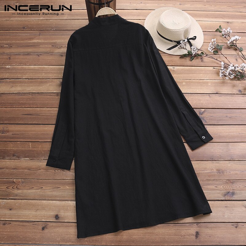 INCERUN Men Shirt Long Sleeve Stand Collar Cotton Vintage Top Men Solid Indian Style Casual Streetwear Men Long Shirt Hombre 5XL