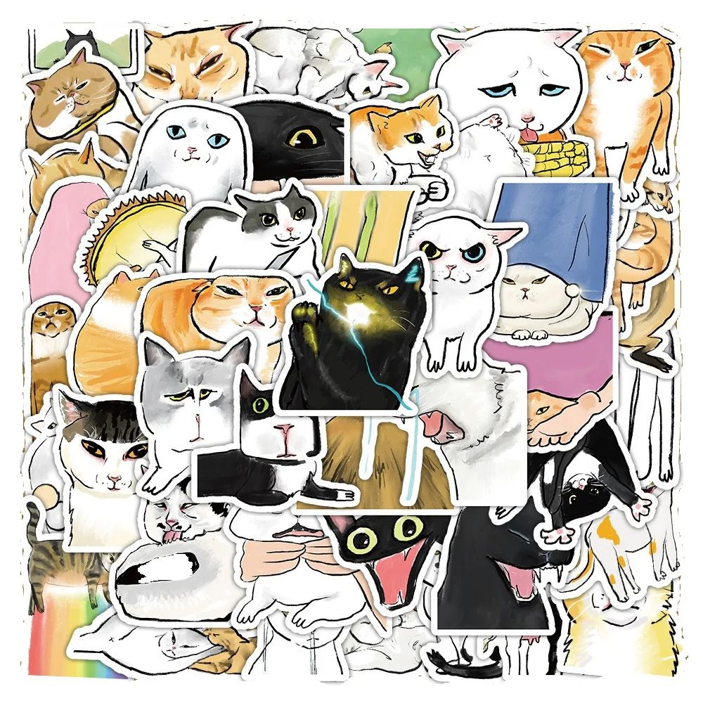 60Pcs Funny Cartoon Cat Meme Stickers Cute Cat Graffiti Decals DIY Skateboard Suitcase Phone Classic Cat Sticker: Default Title
