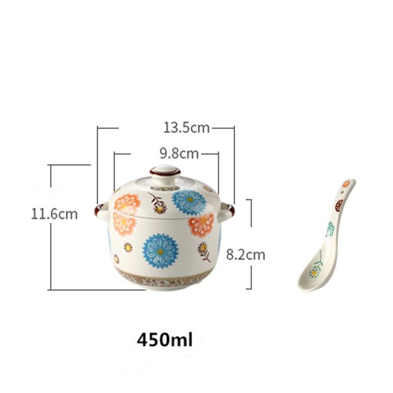 Japanese Hand-painted Ceramic Stew Pot With Lid Spoon Fish Flower Pattern 1L Soup Pot Household Dessert Tank: flower S