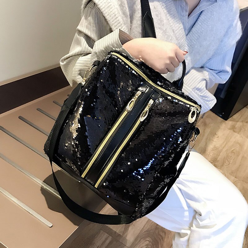 Frauen Rucksack Glitter Pailletten Schulter Rucksack Mädchen Bling Reise Schule Tasche Rucksack Weiblichen PU Daypack Mochila Feminina Mujer: Black