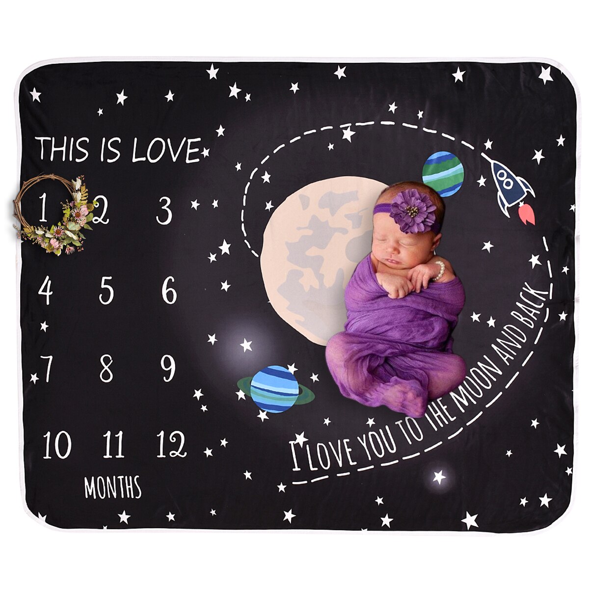 Zwarte Baby Universe Afdrukken Milestone Deken Pasgeboren Inbakeren Wrap Photo Achtergrond Doek Maandelijkse Groei Nummer Fotografie Props