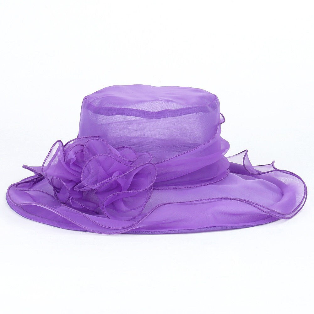 Kvinner vidkant kentucky derby solhatt bryllup teselskap kirke organza hatter lilla gull rød blå rosa: Lilla