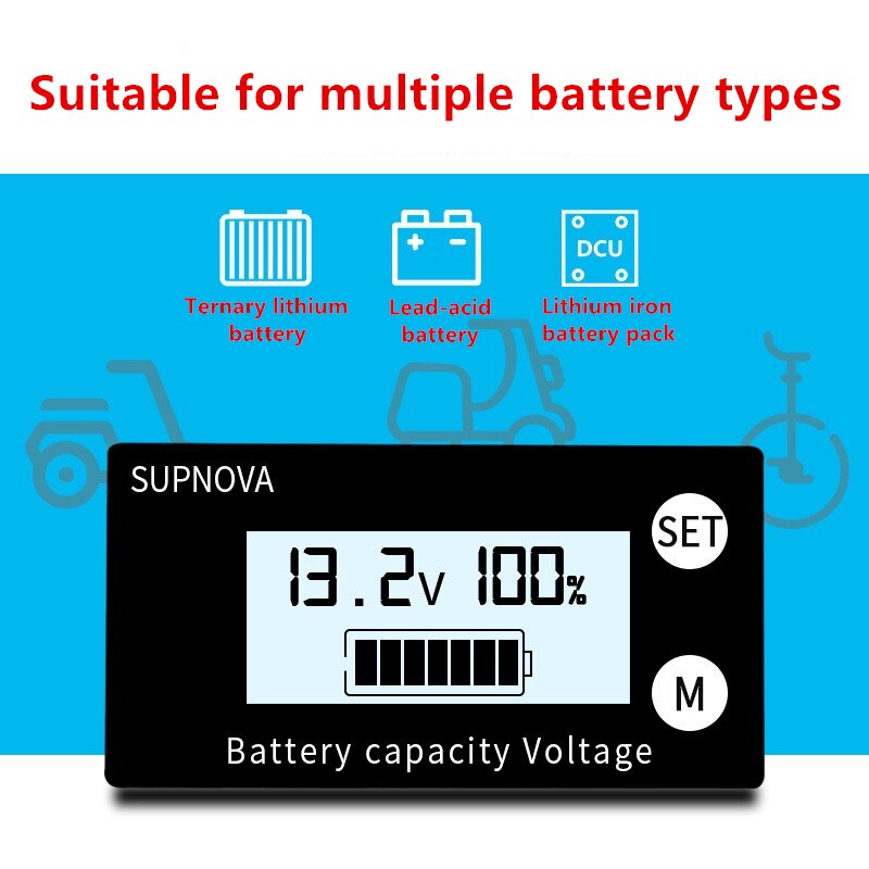 Battery Capacity Indicator DC 8V-100V Lead Acid Lithium LiFePO4 Car Motorcycle Voltmeter Voltage Gauge 12V 24V 48V 72V