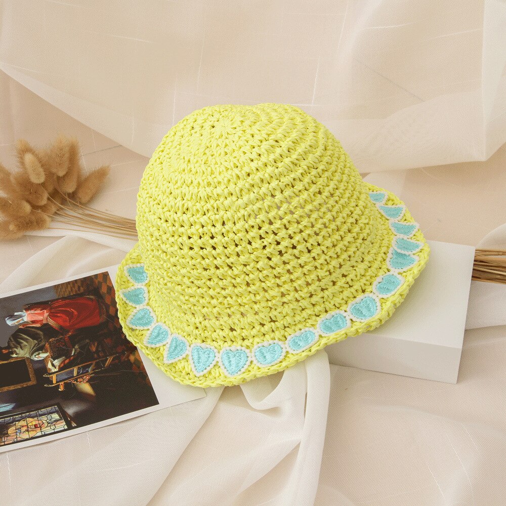 Zomerhoed Kinderen - Cartoon Hart - Strohoed - Zonnebescherming - Casual Strandaccessoires: Lichtgeel