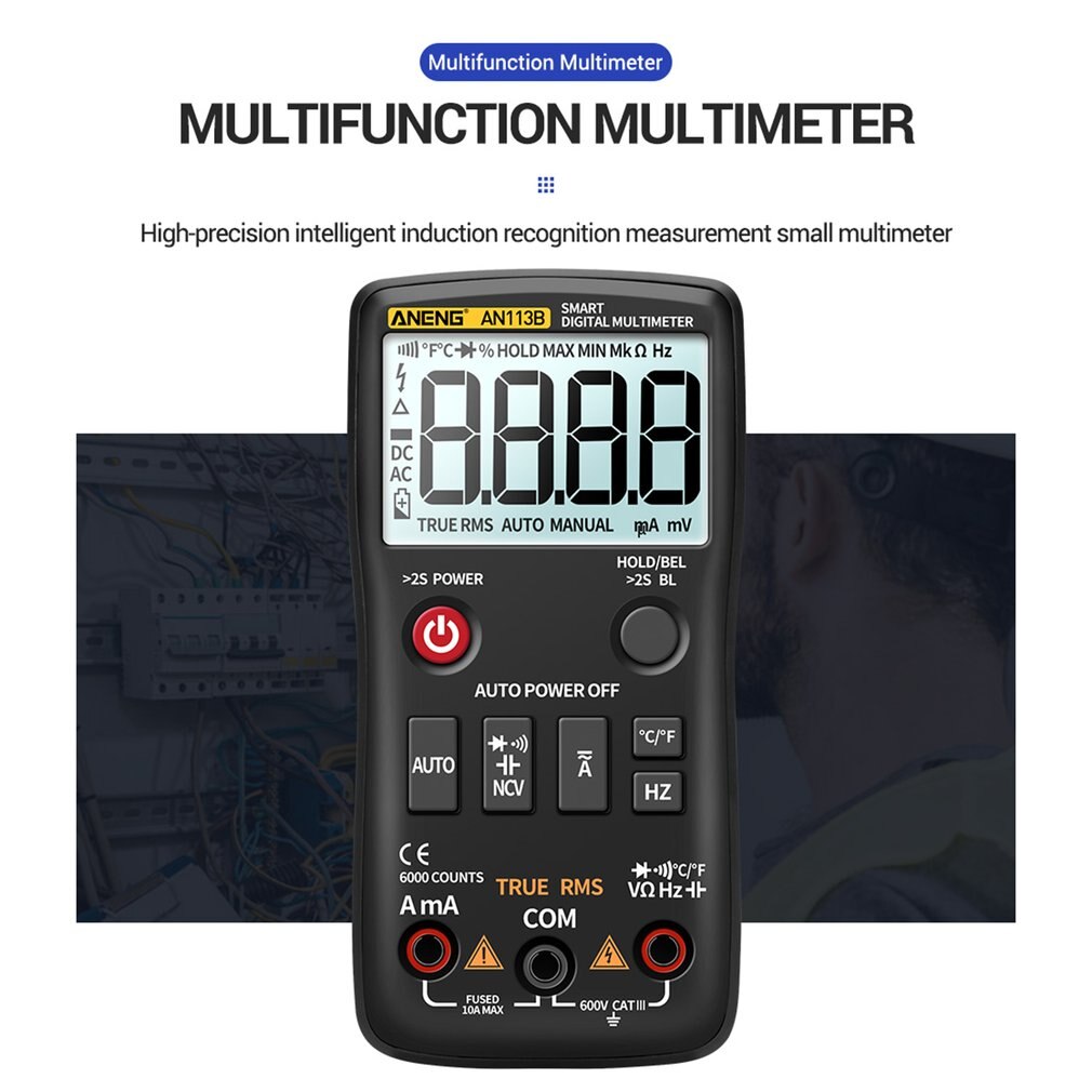 AN113B 6000 Count Multimeter Tester Fully Intelligent Automatic Range Digital Multimeter Transistor Voltmeter: Black