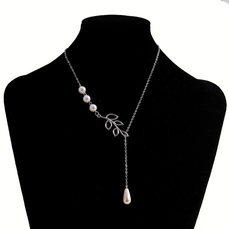 Jahrgang Perle Kette Halsketten Anhänger für Frauen Mädchen Metall Hohlen Baum Blatt Halsketten Charme Collares Schmuck: Silber- Farbe