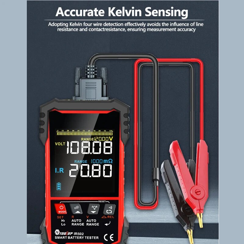 TOOLTOP IR502 ±120V 500Ω Battery Internal Resistance Tester 4-Wire Kelvin Test Lead-acid Lithium Nickel-cadmium Batteries Tool