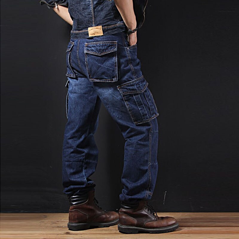 ABOORUN Plus Size 40 Men's Casual Cargo Denim Pants Multi Pockets Cargo Jeans Loose Skateboard Jeans for Male R1258