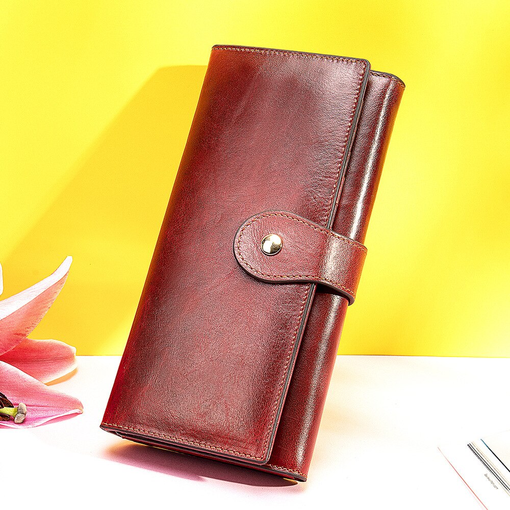 Billeteras para mujer, carteras de cuero con grabado de nombre y broche para mujer, monederos largos 100% de cuero genuino, Cartera de para mujer