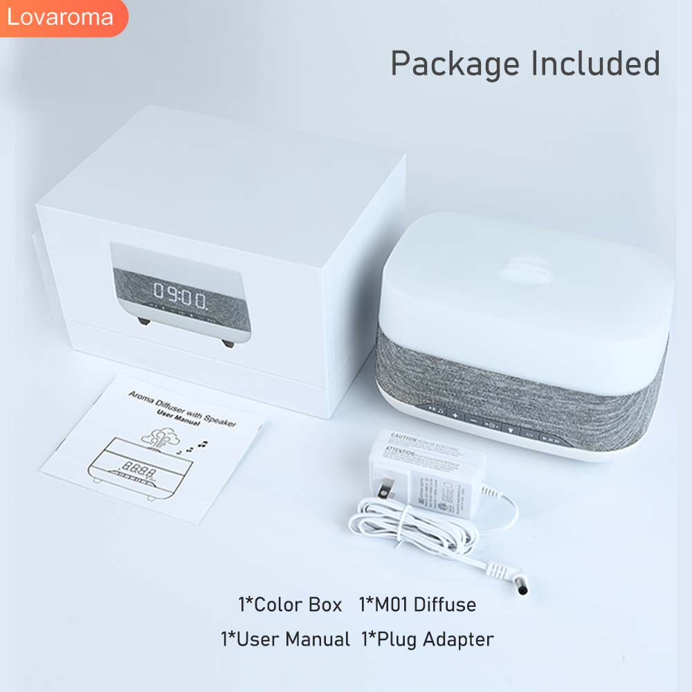 Lovaroma M01 300Ml Koele Mist Luchtbevochtiger Aroma Diffuser Etherische Olie Bluetooth Speaker Wekker Verlichting Lamp Timing Geur: WHITE / Verenigd Koninkrijk