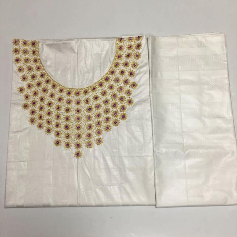 Tela africana bazin riche de para top y falda, , tejido de brocado de lavabo, telas de costura de piedras para escote, 3 + 2Y,: Blanco