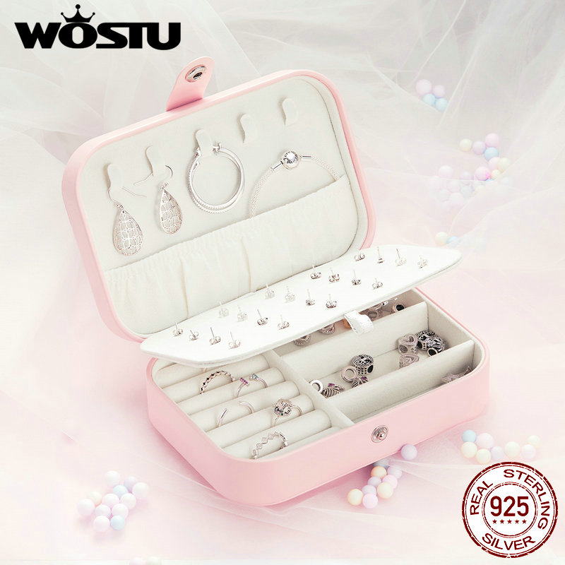 Caja de joyería Wostu, joyero de cuero PU multifunción rosa, caja de almacenamiento, anillo, estuche de exposición, caja de almacenamiento para mujer, caja FH0065