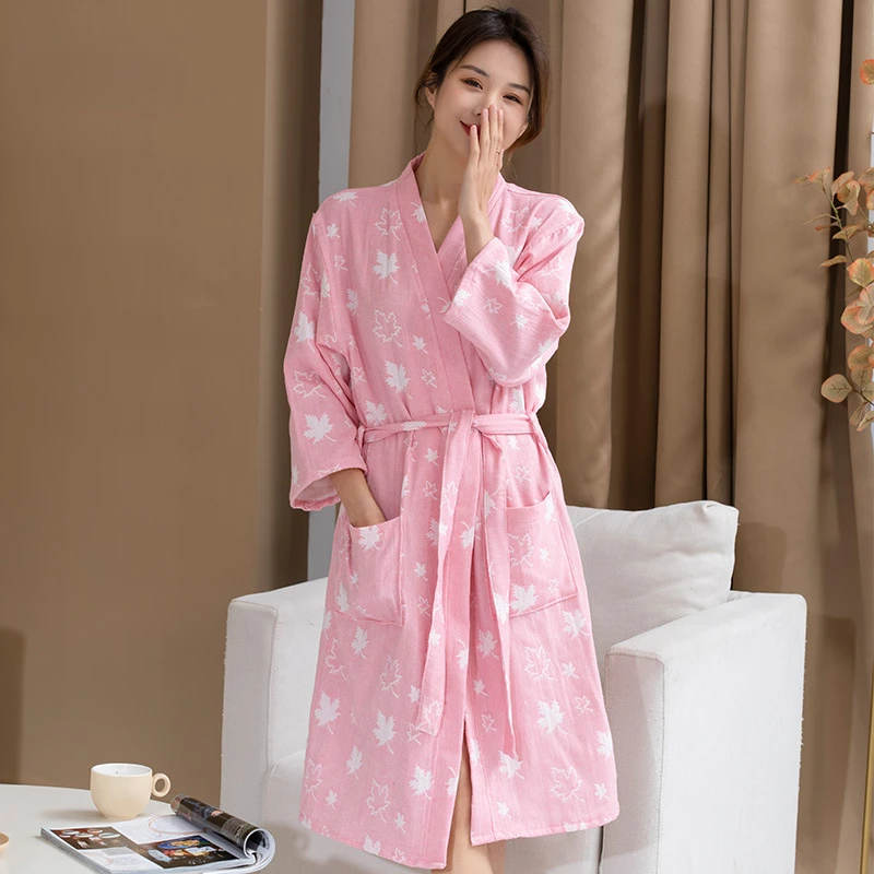 Katoenen Badjas Voor Dames Nachtkleding Dun Lente En Herfst Lange Mouw Yukata Absorberende Sneldrogende Badjassen: L / Roze