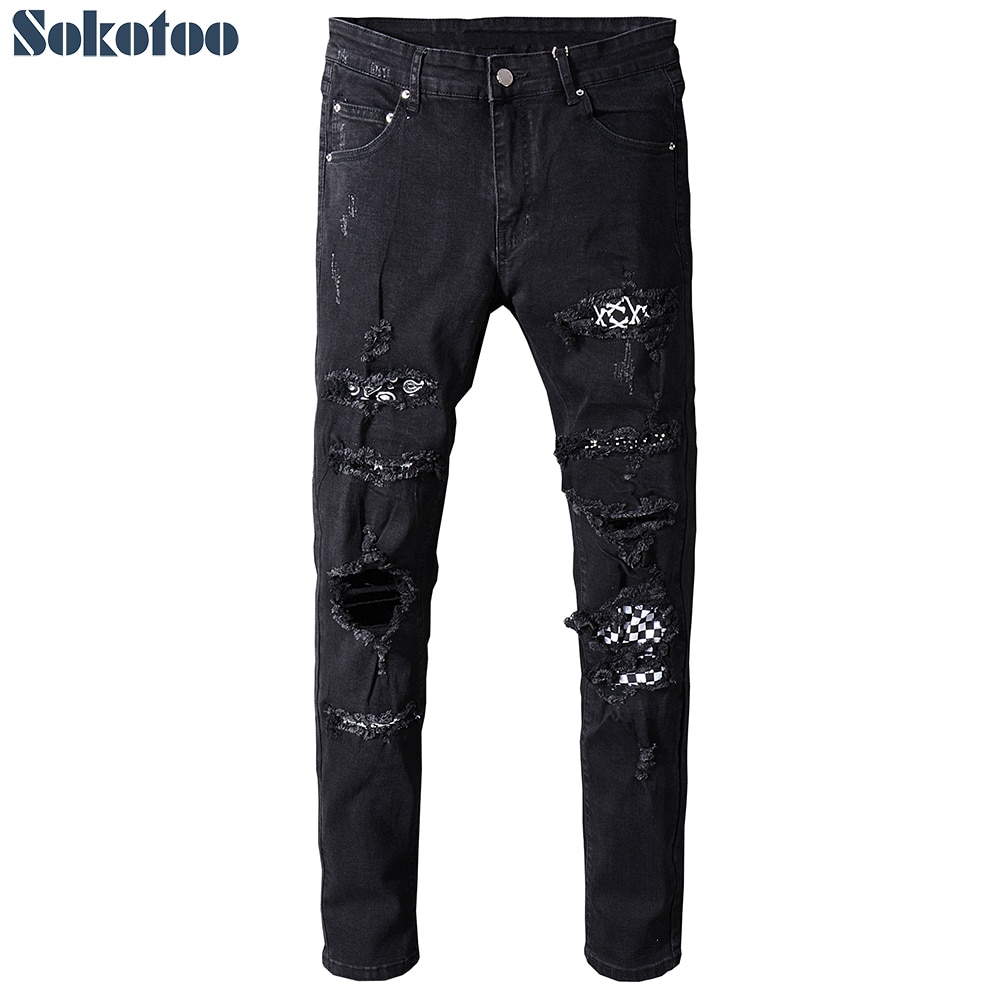 Sokotoo mænds sorte hvide lappede huller ripped jeans plus size slim fit skinny distressed stretch denimbukser