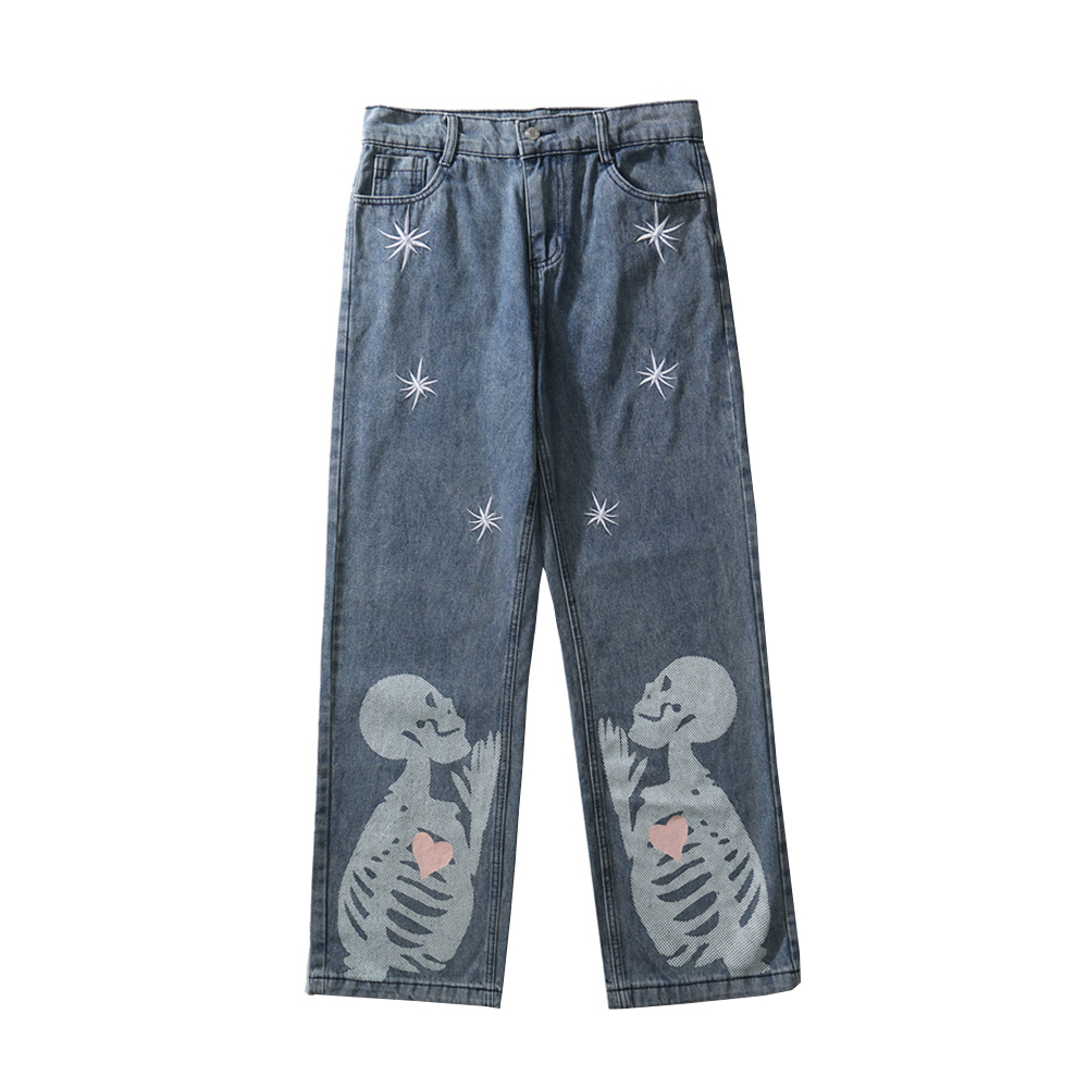 Pantalon en jean à strass pour homme, pantalon en Denim, Streetwear, décontracté, ample, à jambes droites: Bleu / S